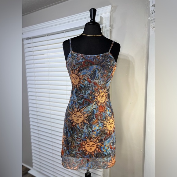 Sun Dress Womens Small Adjustable Spaghetti Straps Sun Face Y2K Style Festival - Picture 1 of 9